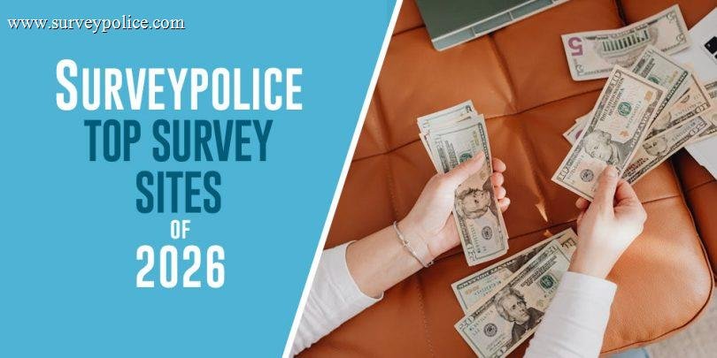 Top survey sites of 2026 with picture of laptop and woman holding cash